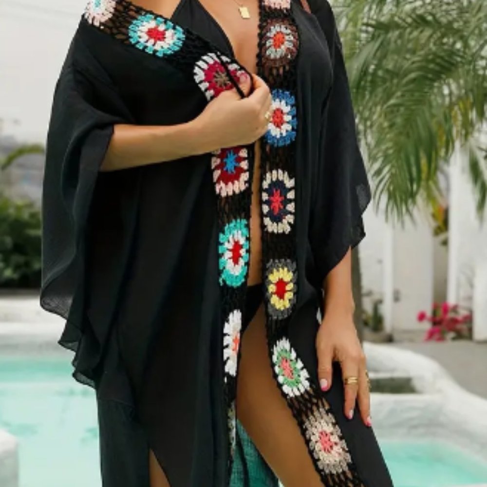 Women's Crochet Tie Front Black Cover Up Boho Style Kimono